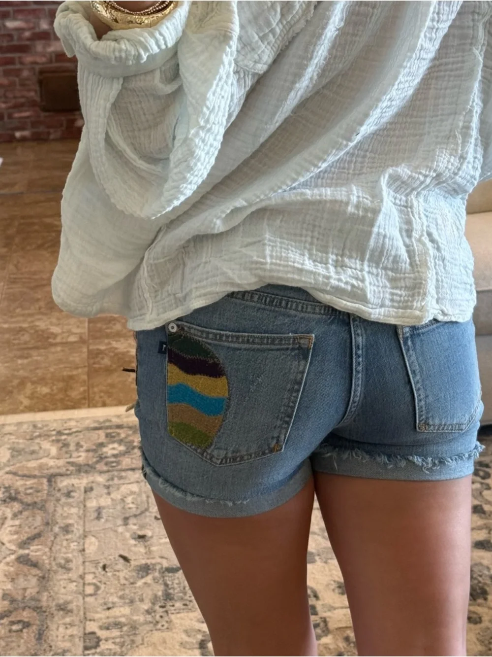 Anthropologie Blue Distressed Denim Cutoff Shorts with Embroidery - Picture 2 of 7